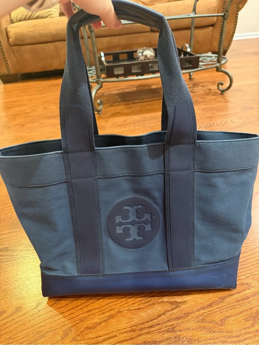 Tory Burch Navy Canvas Tote with Logo Emblem